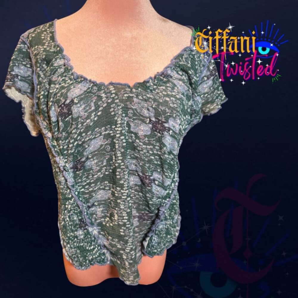 Free People Green Seagrass Combo Ruched Mesh Top Size L NWT